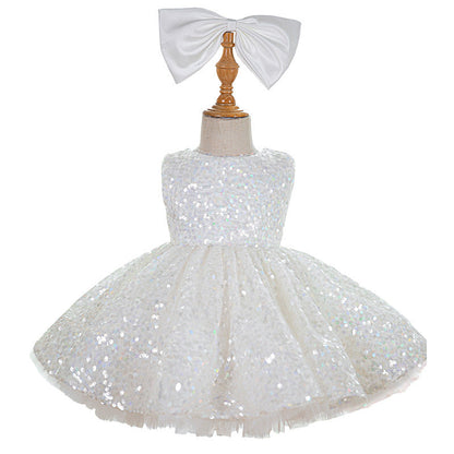 Elegant Baby White Sequined Puff Princess Dress Toddler Christening Dress