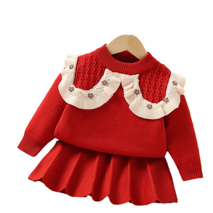 Fake Collar Flower Knitted Girls Sweater Two Piece Set