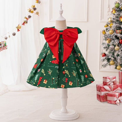 Printing Bow Christmas Dress Baby Girl Christmas Dress Cute Christmas Dress