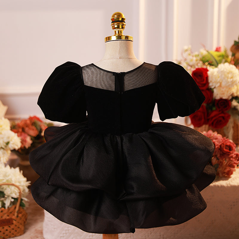 Little Girls Dress Toddler Pageant Black Formal Flower Puff Sleeves Princess Dress