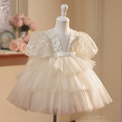 Flower Girl Dress Toddler Puff Sleeves Bow Sequin Mesh Fluffy Princess Dress