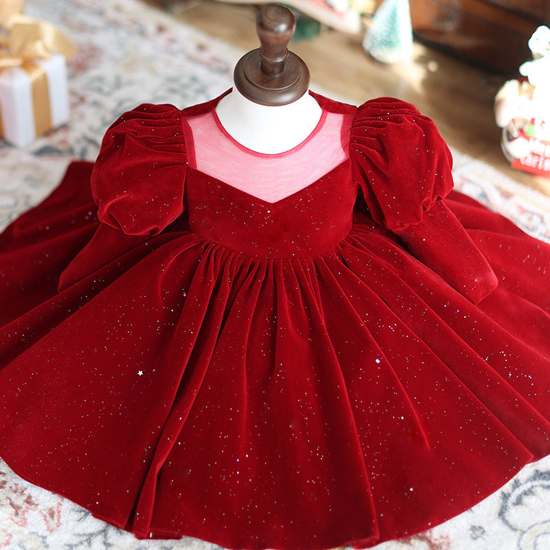 Girl Christmas Dress Flower Girl Dress Toddler Puff Sleeves Red Velvet Sequins Birthday Party Dress