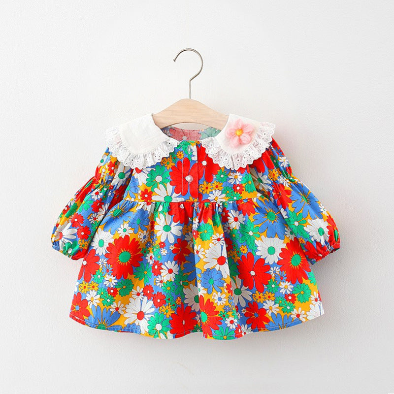 Sweet Baby Girl Long Sleeve Doll Collar Printed Dress