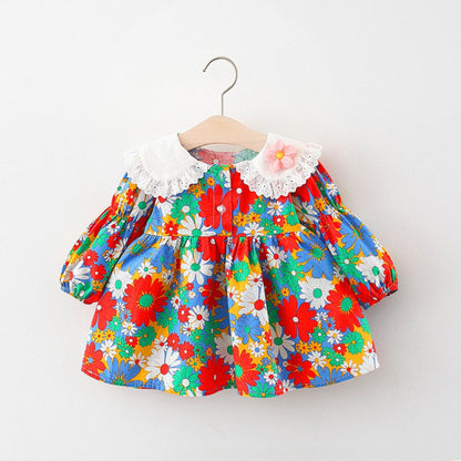 Sweet Baby Girl Long Sleeve Doll Collar Printed Dress