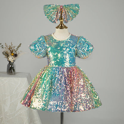 Toddler Ball Gowns Girl Rainbow Sequined Puffy Birthday Party Cake Dress