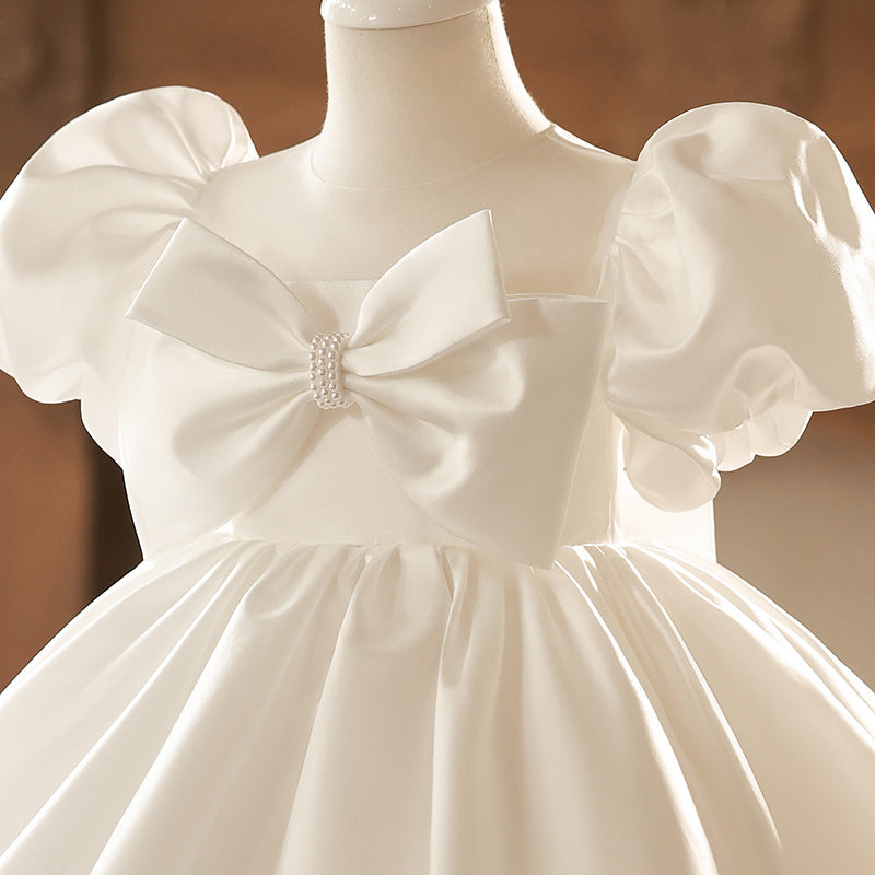 Sweet Baby Girls Pure White Bow Waist Princess Dress Toddler First Communion Dress