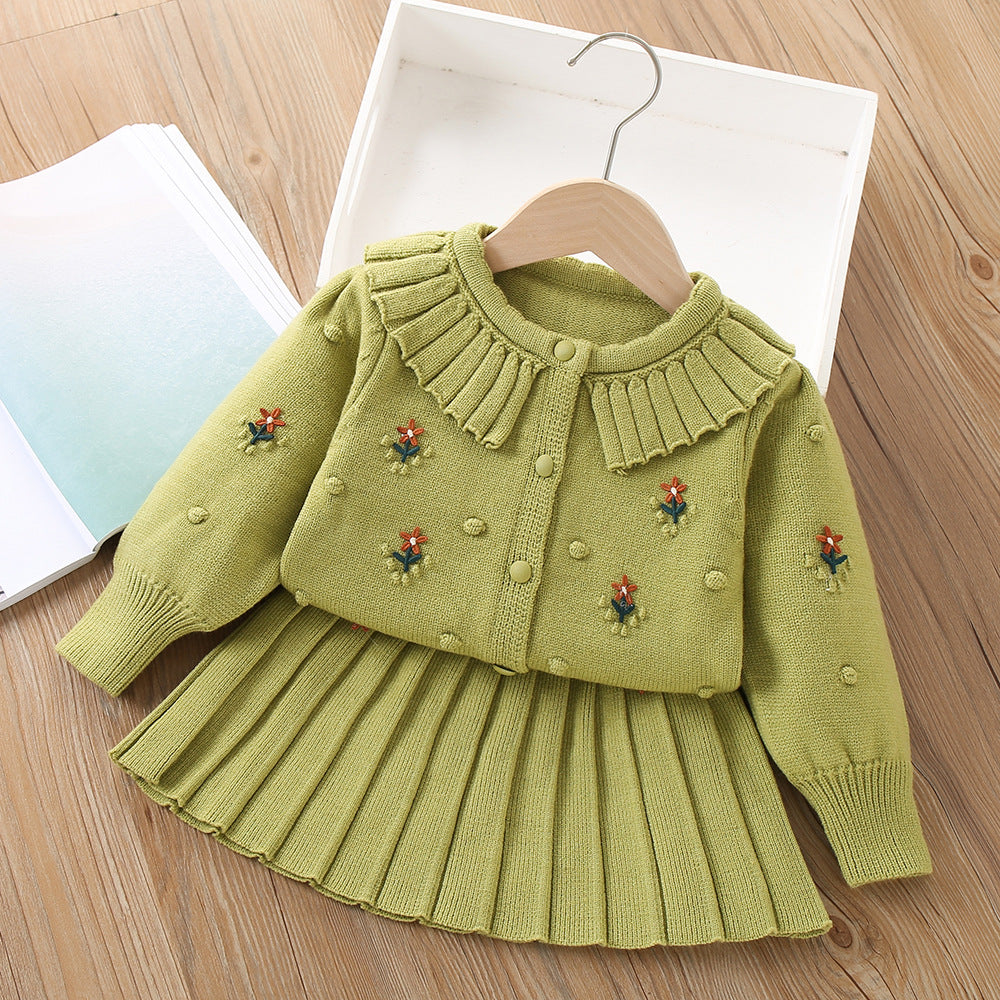 Girls Sweater Flower Knitted Long Sleeve Cardigan Two-piece Set