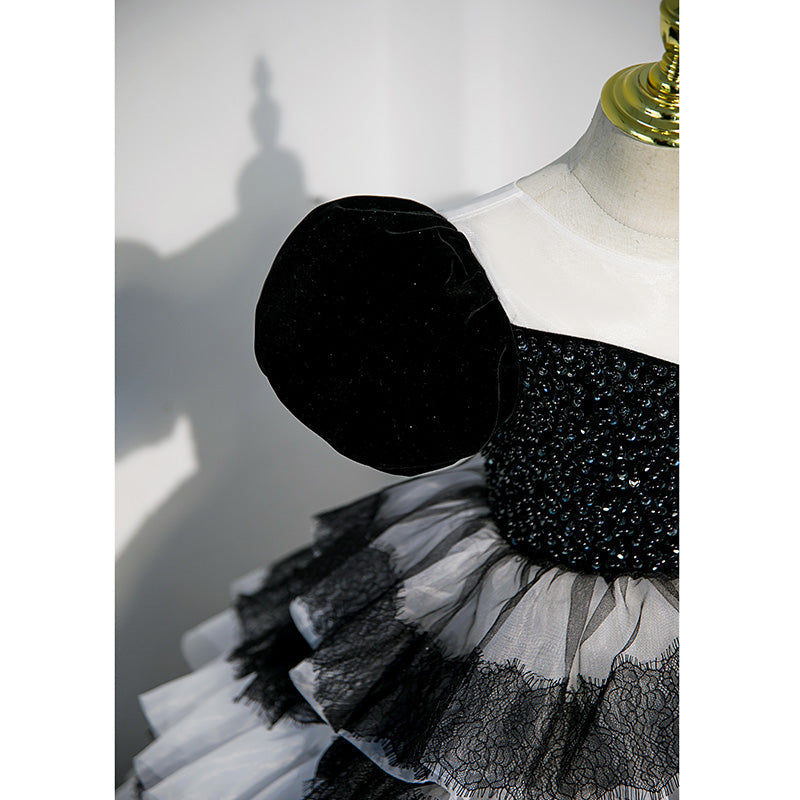 Flower Girl Dress Children Princess Dress Summer Black Sequin Cake Fluffy Communion Dress