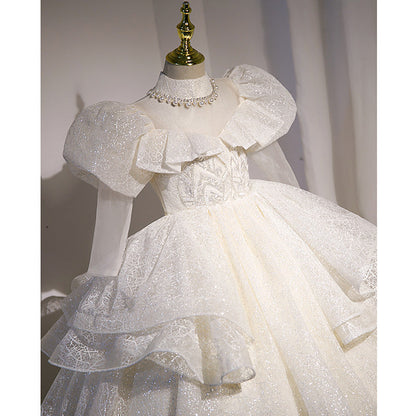 Toddler First Communion Dress Girl Party Dress Pageant White Sequin Puffy Princess Dress