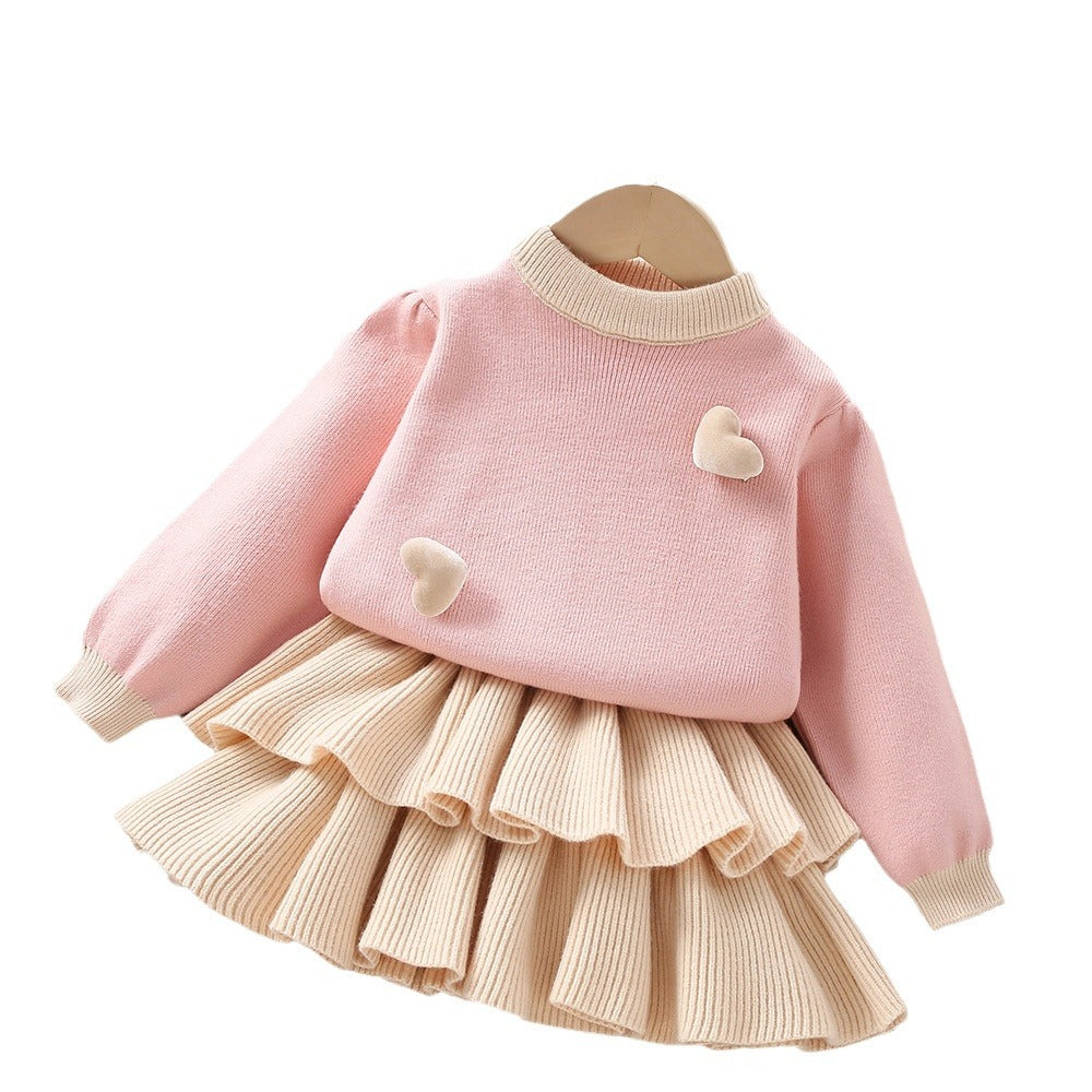 Solid Color Heart Knitted Long-sleeved Cake Skirt Two-piece Set