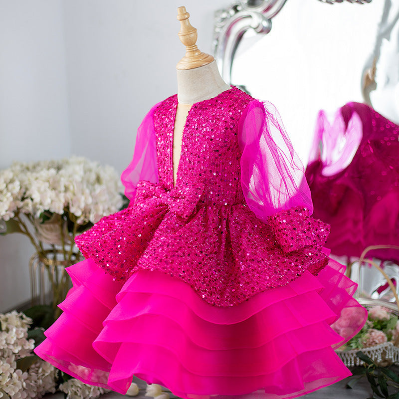 Elegant Baby Girls Sequined Tulle Puff Sleeve Tutu Toddler Ball Gowns