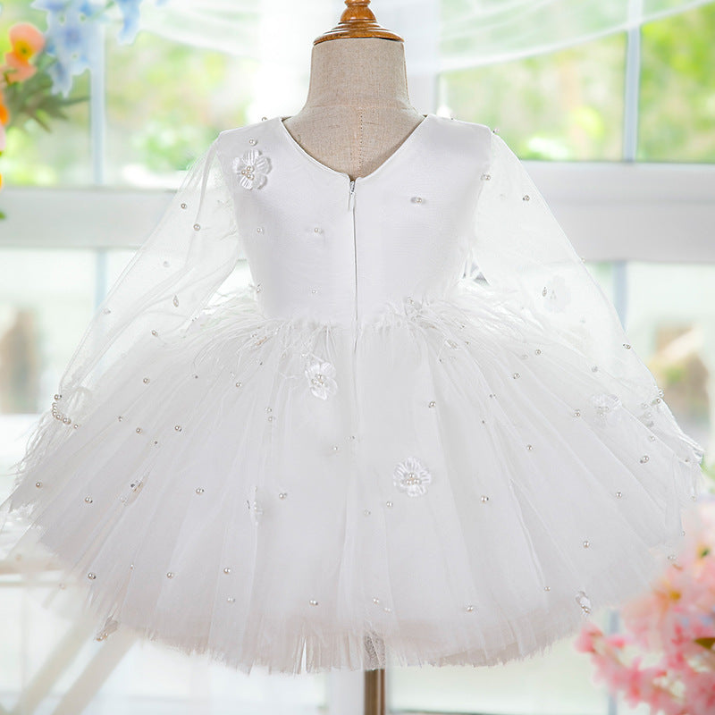 Elegant Baby White Mesh First Communion Dress Toddler Christening Dress