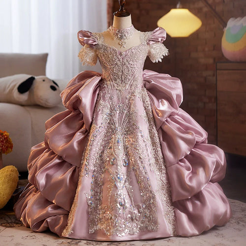 Girls Pink Sequin Dress Flower Girl Wedding Dress Puffy Dress