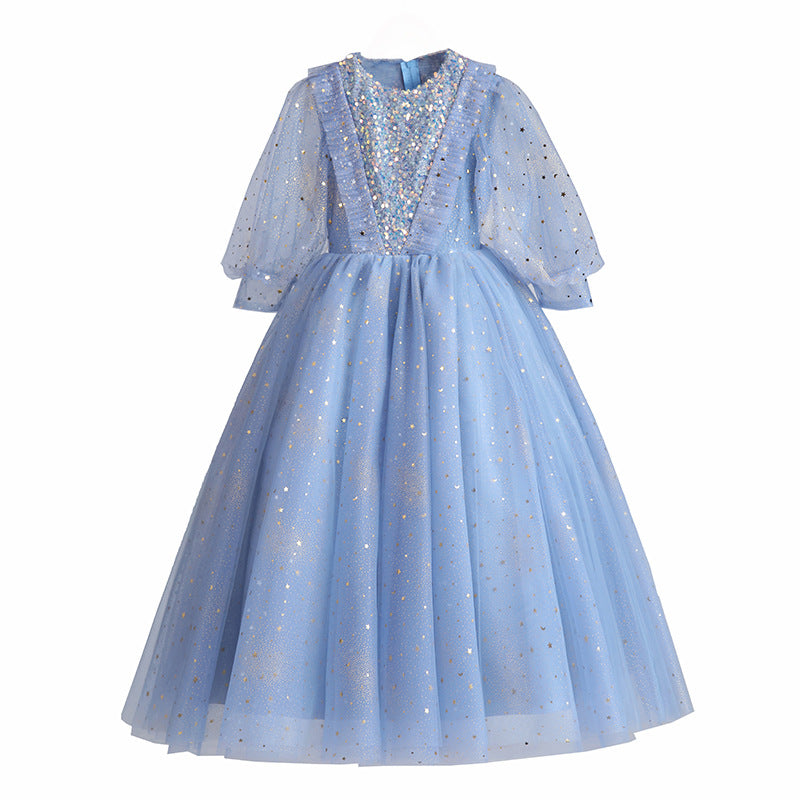 Sweet Baby Girls Blue Sequined Mesh Long Dress Toddler Prom Princess Dress