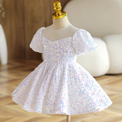 Flower Girl Dress Toddler Summer White Sequins Mesh Pageant Princess Party Dress