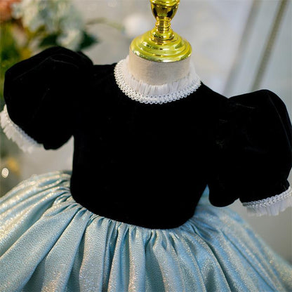 Sweet Baby Girls Black and Blue Puff Sleeve Backless Bow Princess Dress Toddler Ball Gowns