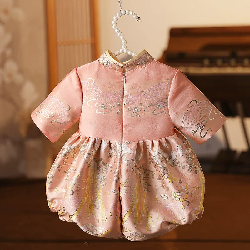 Elegant Baby Disc Button Stand Collar Pattern Romper