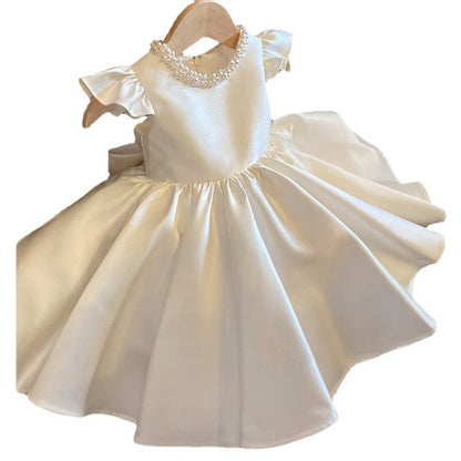 Toddler Prom Dress Girl Birthday Party Baptism Wedding Bowknot Bead Christening Dress