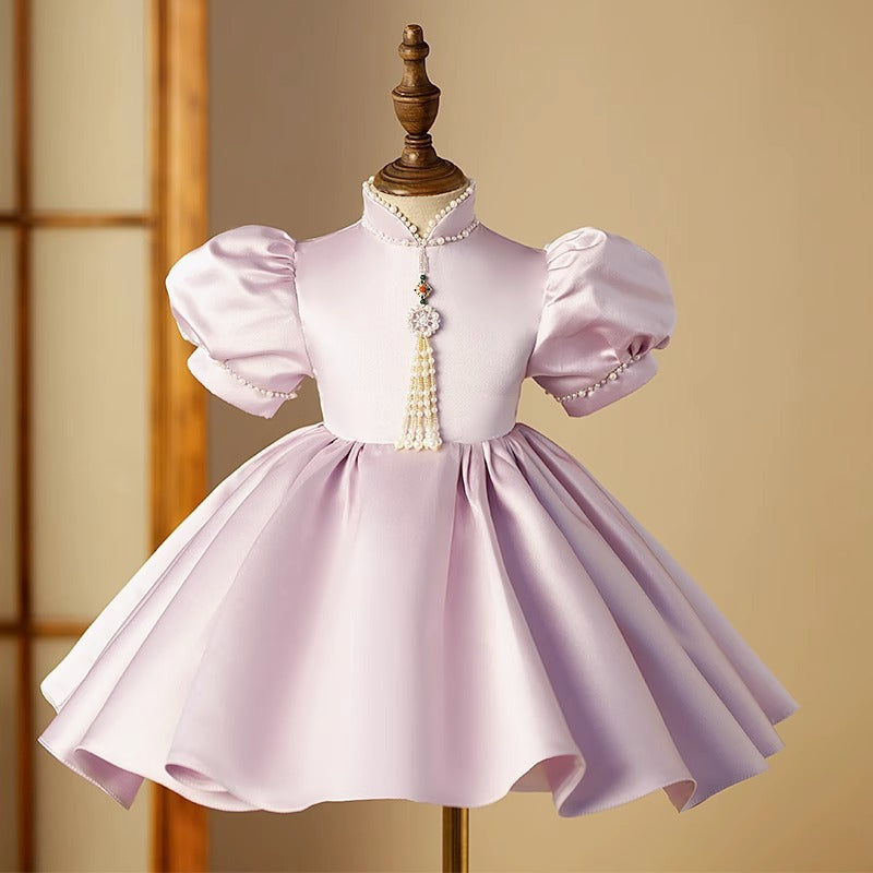 Elegant Baby Girls Lilac Puff Sleeve Pearl Stand Collar Princess Dress Toddler Flower Girl Dress