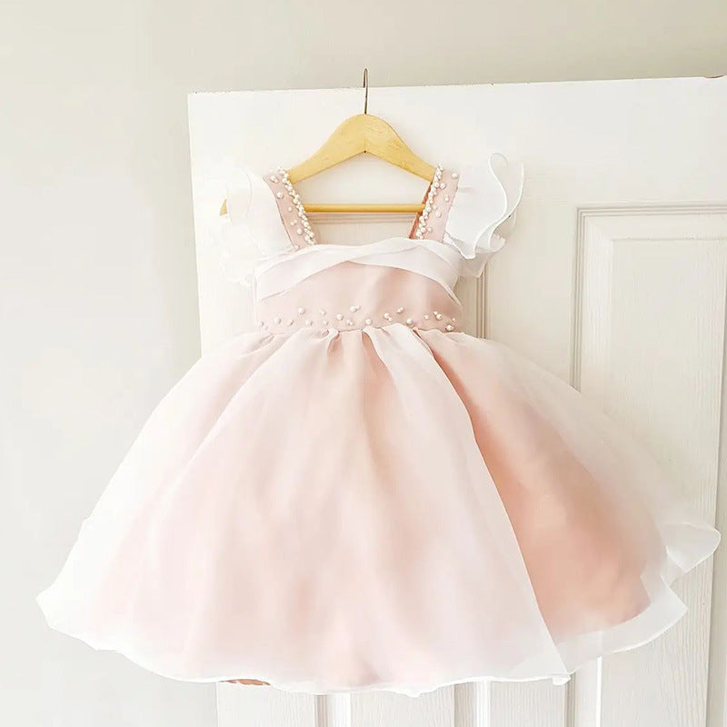 Elegant Baby Girls Butterfly Sleeve Pearl Pink Performance Dress Dress Toddler Flower Girl Puff Princess Dress