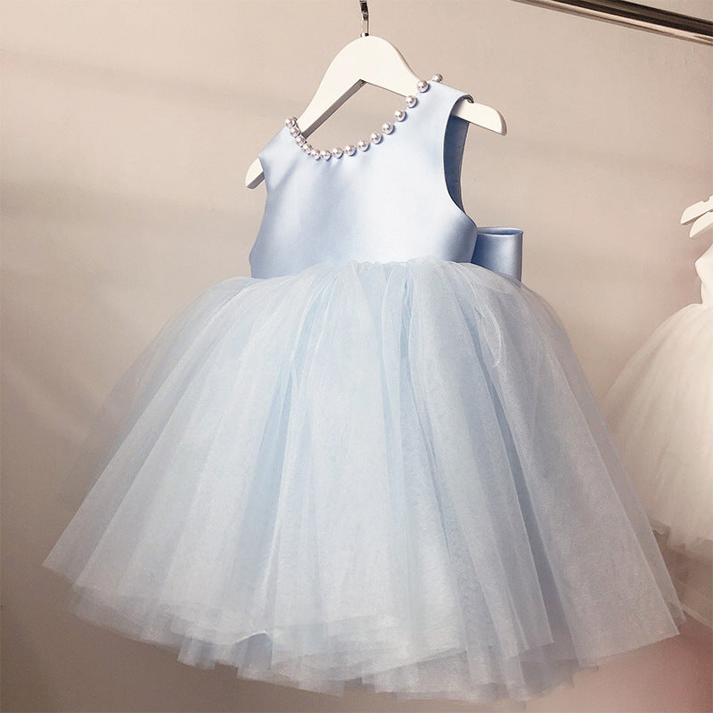 Summer  Baby Flower Girl Blue V-neck Dress Toddler Birthday Party Dress