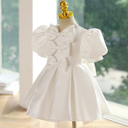 Flower Girl Dress Toddler Summer Princess Party Dress White Textured Bow Baptism Dress