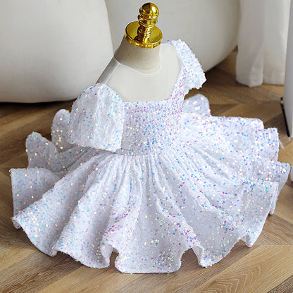 Flower Girl Dress Toddler Summer White Sequins Mesh Pageant Princess Party Dress