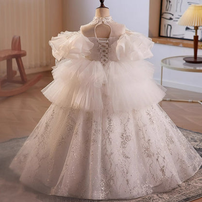 Elegant Baby Girls White Patterned Mesh Puff Princess Dress Toddler Long First Communion Dress