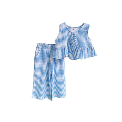 Sweet Girls Blue Plaid Camisole Trousers Two-piece Set