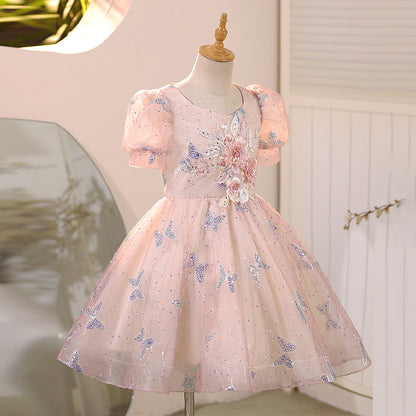 Girls Butterfly Embroidery Princess Dress with Flowers Birthday Dress