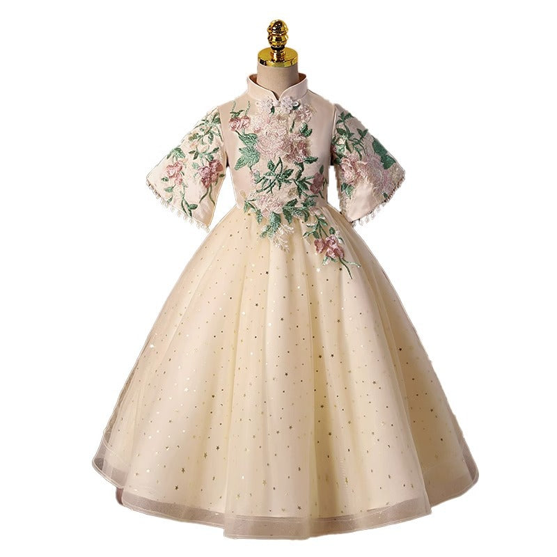 Elegant Baby Beige Buttoned Stand Collar With Embroidered Princess Dress Toddler Communion Dress