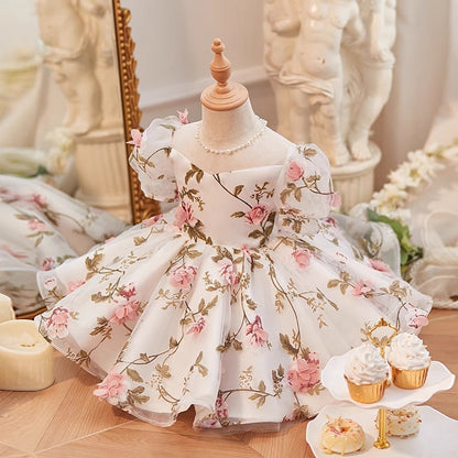 Elegant Baby Mesh Puff Sleeves Floral Birthday Party Dress Toddler First Communion Dress