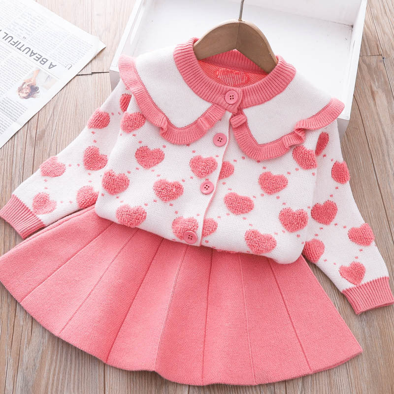 Girls Winter Sweater Knitted Love Dress  Children's Two-piece Dress