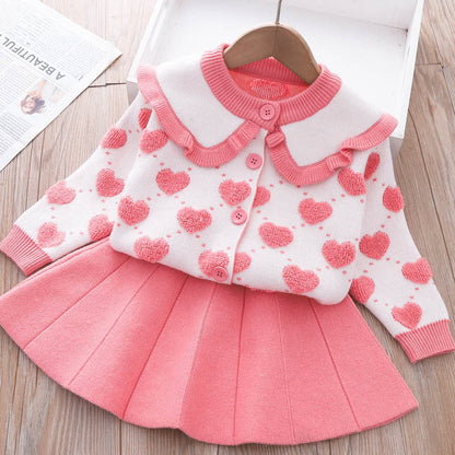 Girls Winter Sweater Knitted Love Dress  Children's Two-piece Dress