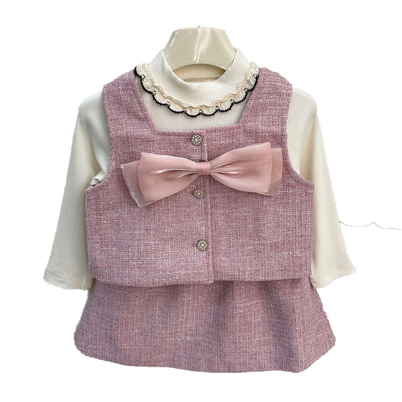 Girls Bow Coat Round Neck Lace Cardigan and Skirt Three-piece Set