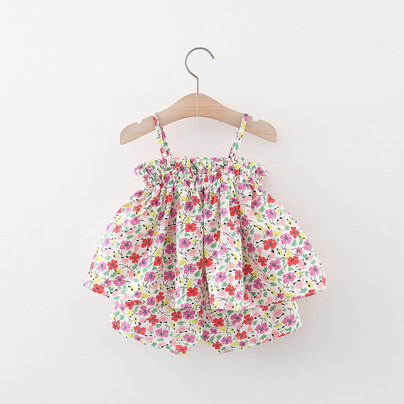 Girls Holiday Style Baby Floral Sling Two-piece Children's Clothing