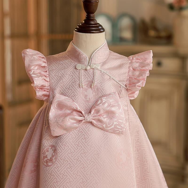 Sweet Baby Pink Buttoned Bow Baby Romper Baby's First Birthday Dress