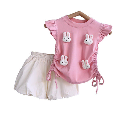 Girls' New Summer Suit Cute Bunny Top And Skirt Two-piece Set