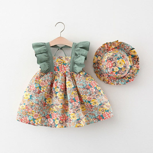 Girl Floral Back Tie Cute Dress with Hat Set