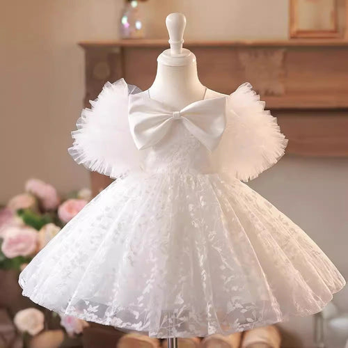 Elegant Baby White Bow Flying Sleeves Tulle Dress Toddler Formal Dresses