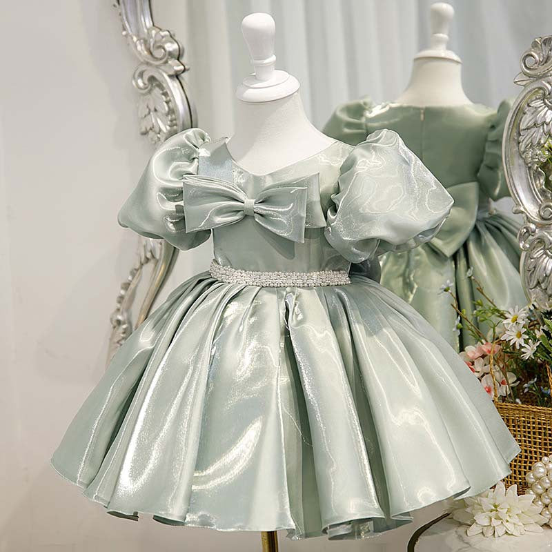 Sweet Baby Girl Mint Green Bow Puff Sleeve Princess Dress Toddler Evening Gown