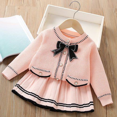 Girls Knitted Long-sleeved Bow Sweater Two-piece Set