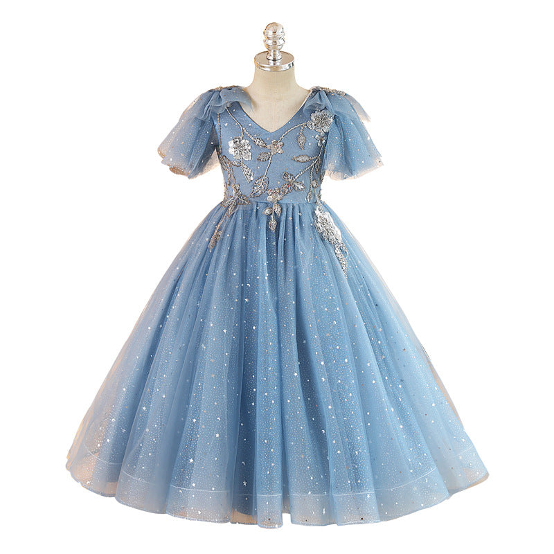 Elegant Baby Blue Sequined Long Dress Toddler Party Dresses