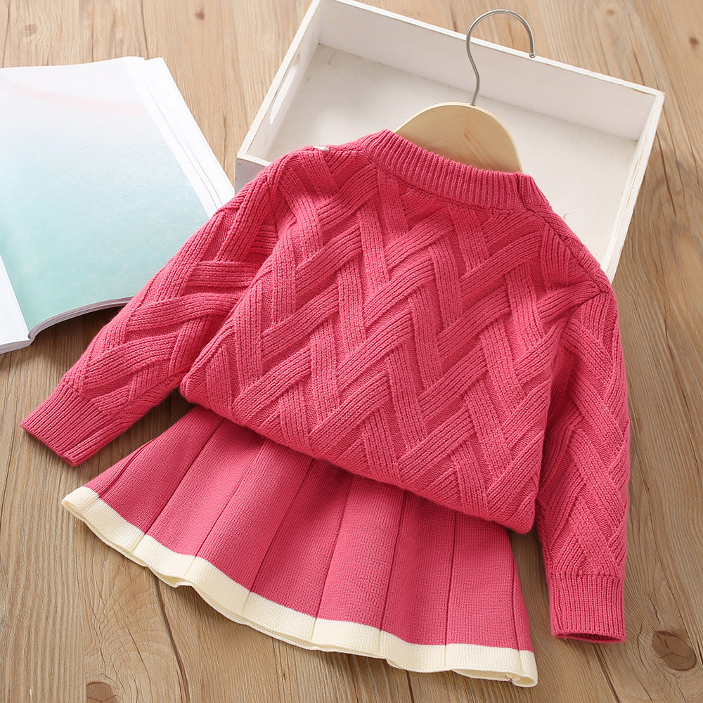 Solid Color Pullover Knitted Skirt Girls Sweater Two-piece Set