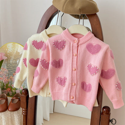 Girls' Love Hooded Knitted Cardigan