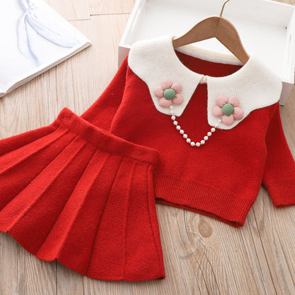 Girls Knitted Dress Necklace Neck Sweater Two-piece Set