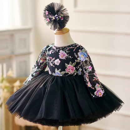 Flower Girl Dress Black Embroidered Christmas Dress Girls Birthday Ball Gown