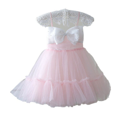 Sweet Baby Girls Pink Suspender Big Bow Gauze Skirt Toddler Girl Party Dresses