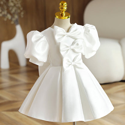 Flower Girl Dress Toddler Summer Princess Party Dress White Textured Bow Baptism Dress