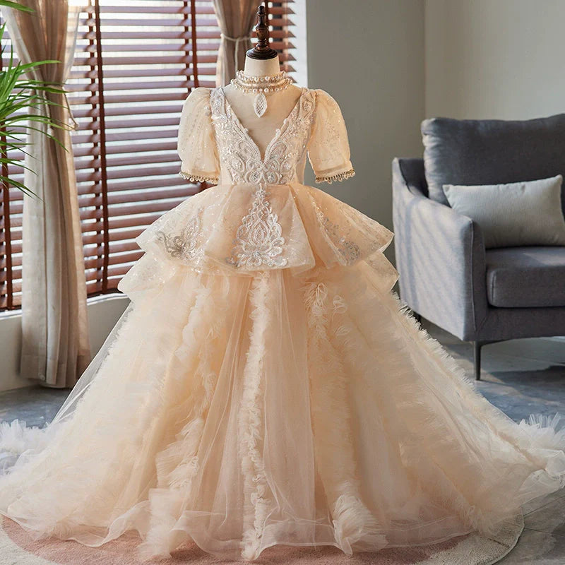 Elegant Baby Girls Champagne Puff Sleeve Patterned Mesh Puffy Tail Princess Dress Toddler First Christening Dress